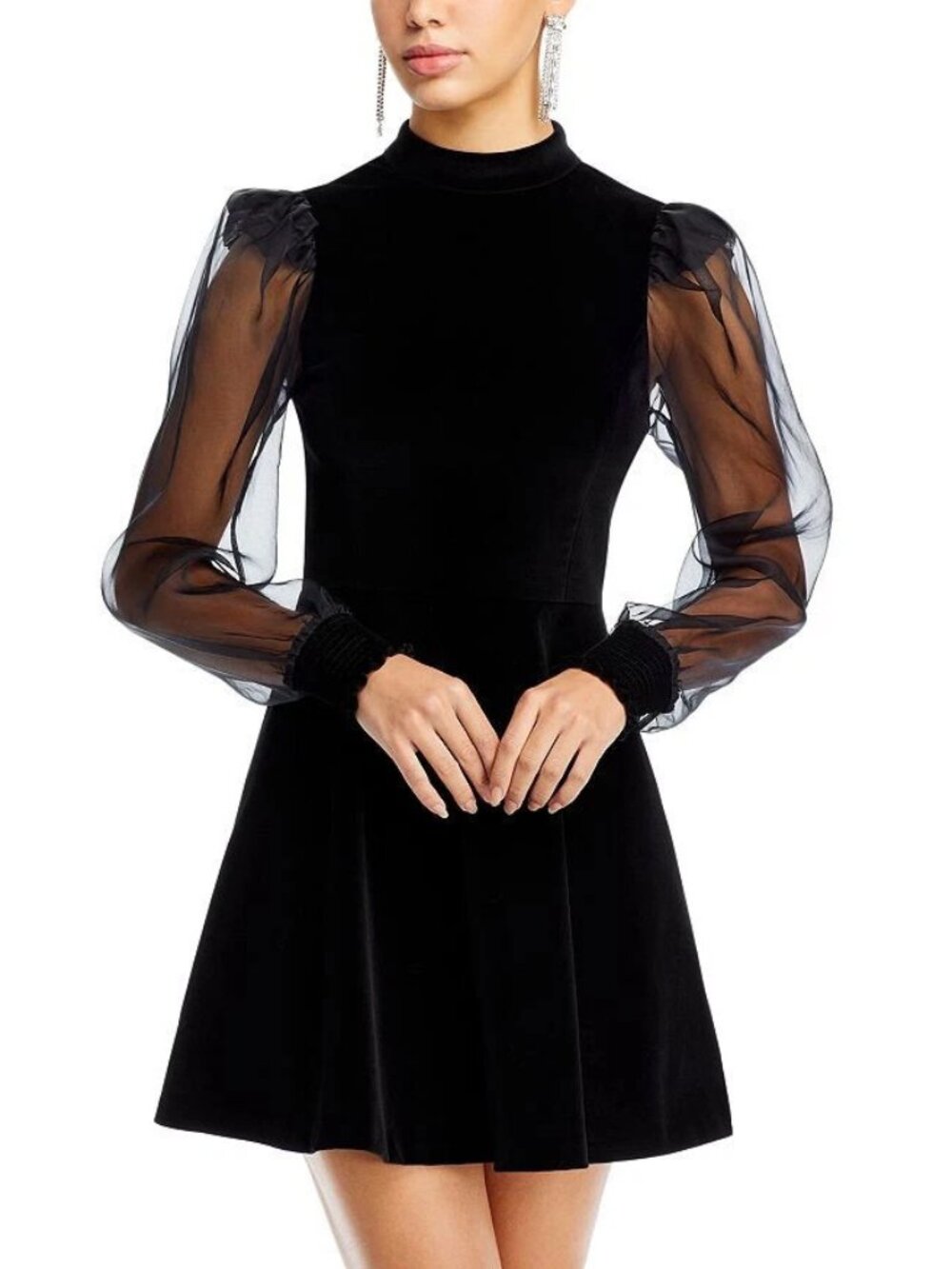 Alice + Olivia Paulette Mock Neck Puff Sleeve Mini Dress in Black Size 0